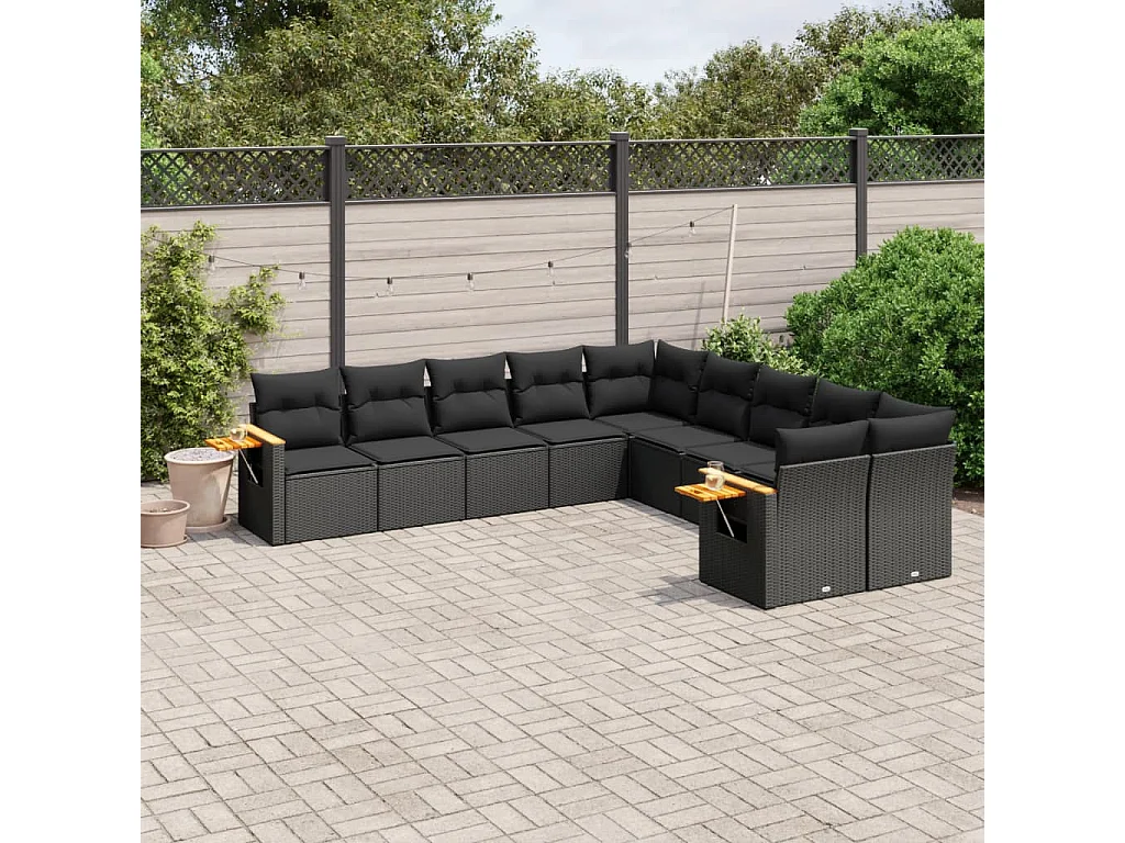 10-tlg. Garten-Sofagarnitur mit Kissen Schwarz Poly Rattan