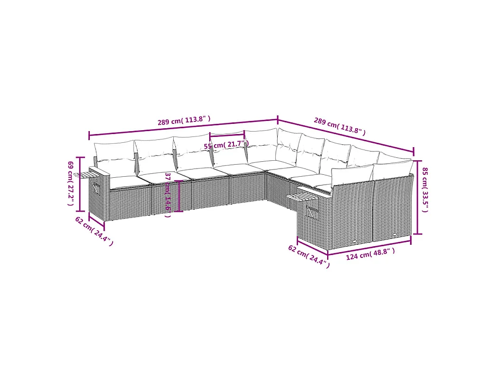 10-tlg. Garten-Sofagarnitur mit Kissen Schwarz Poly Rattan