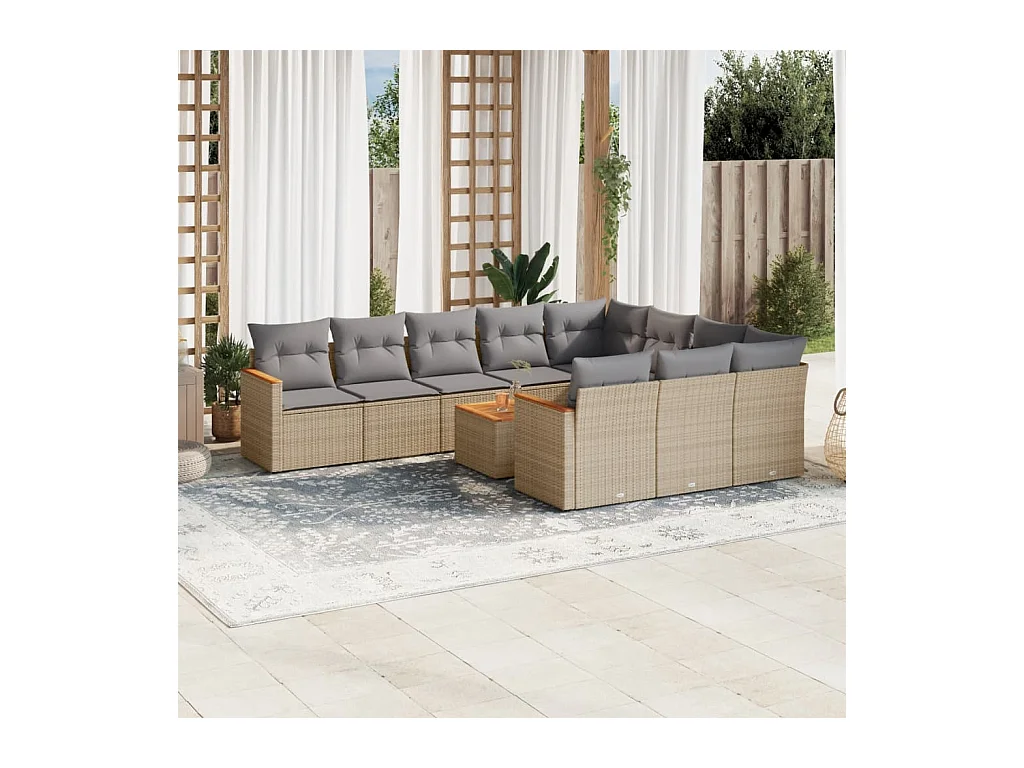 11-tlg. Garten-Sofagarnitur mit Kissen Beige Poly Rattan
