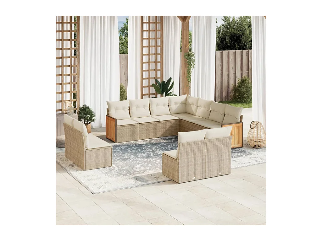 Salon de jardin 11 pcs avec coussins beige résine tressée
