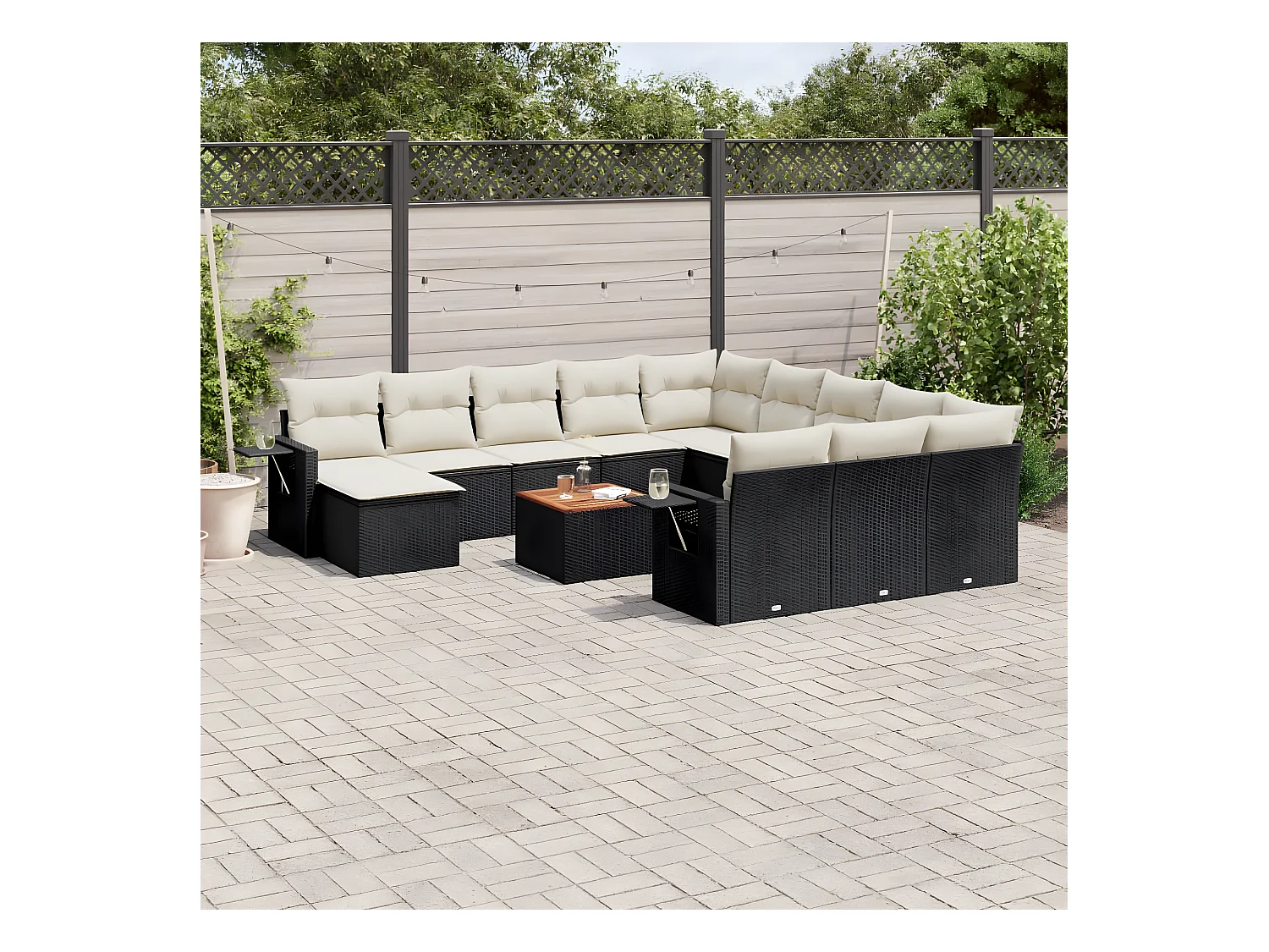 Set Divani da Giardino 13pz con Cuscini Nero in Polyrattan