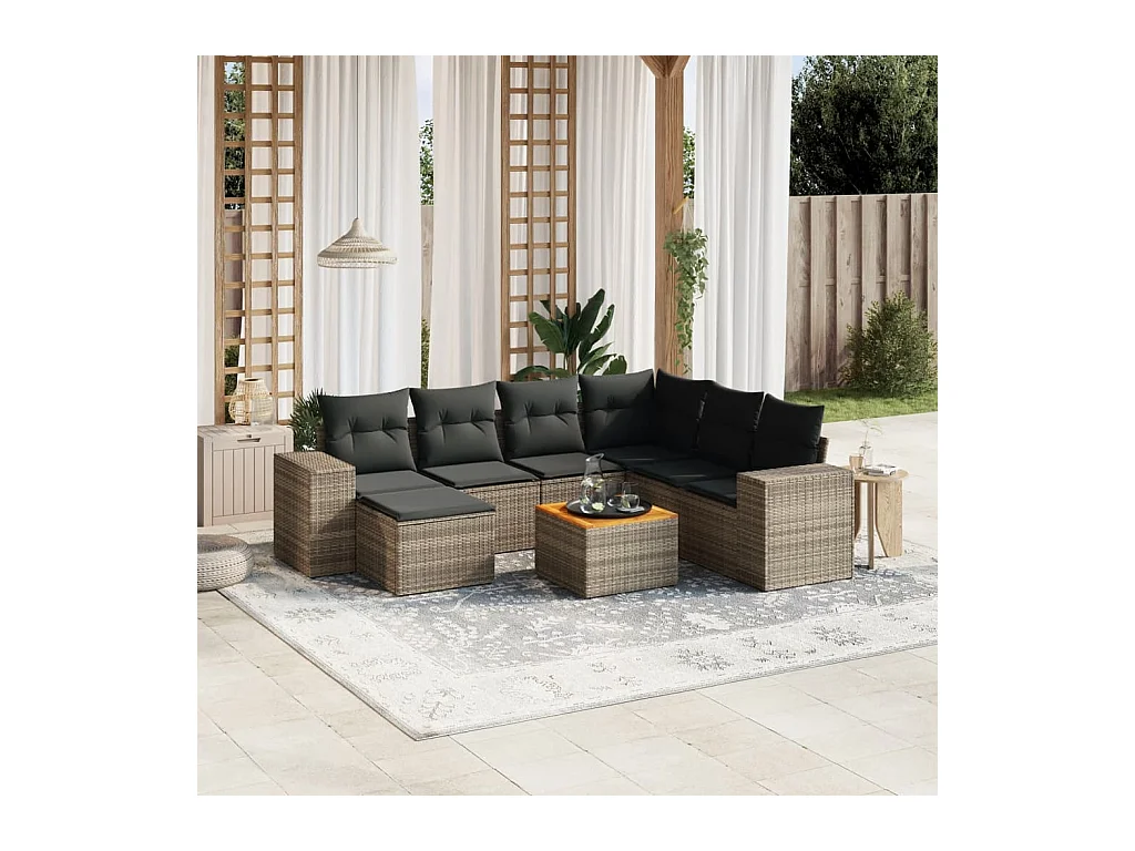 Salon de jardin 8 pcs avec coussins gris résine tressée