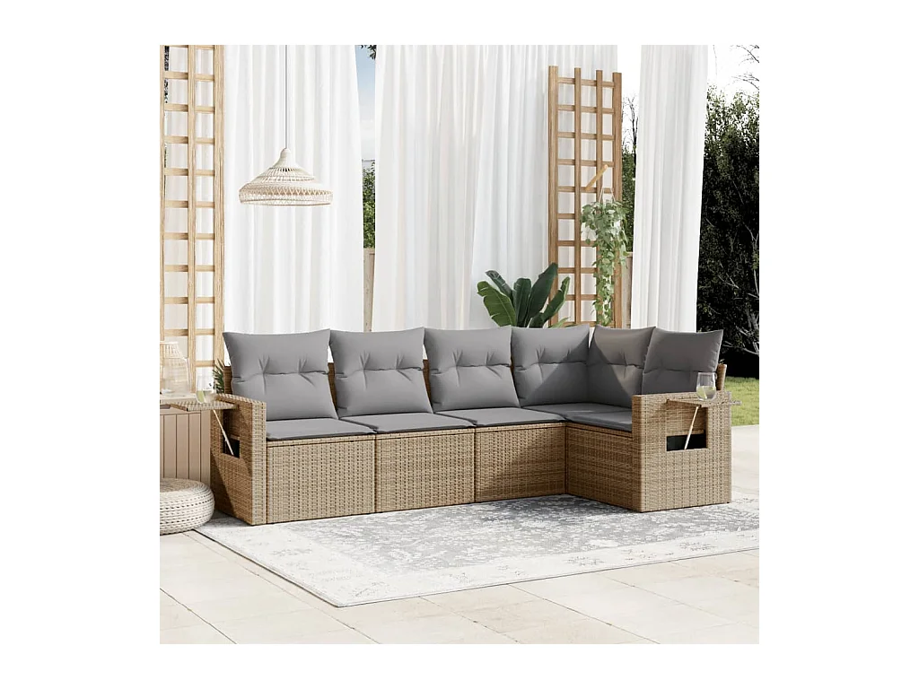 Set Divano da Giardino 5 pz con Cuscini Beige in Polyrattan