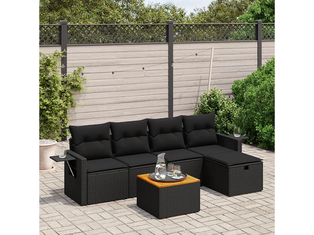 6 pcs conjunto sofás de jardim c/ almofadões vime PE preto