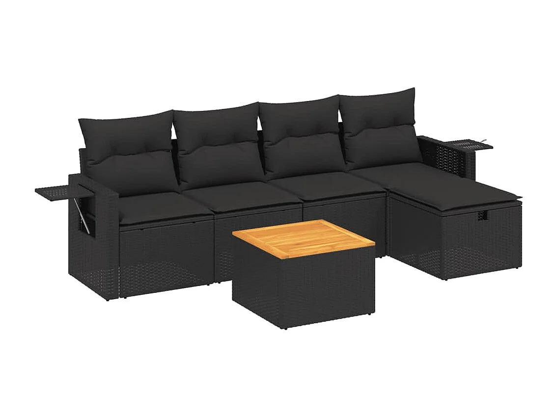 6 pcs conjunto sofás de jardim c/ almofadões vime PE preto