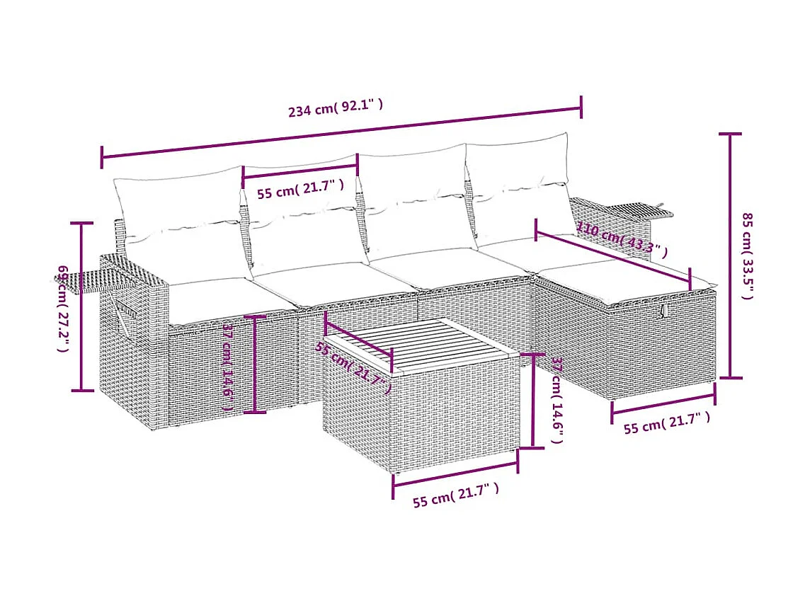 6 pcs conjunto sofás de jardim c/ almofadões vime PE preto