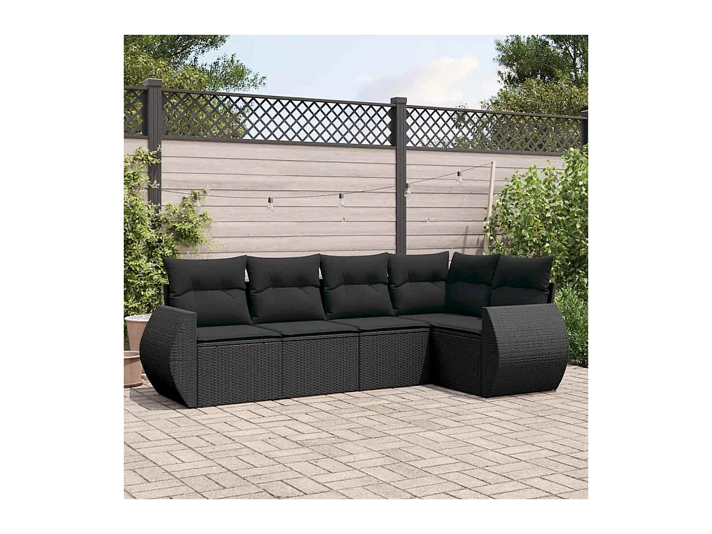 5-delige Loungeset met kussens poly rattan zwart