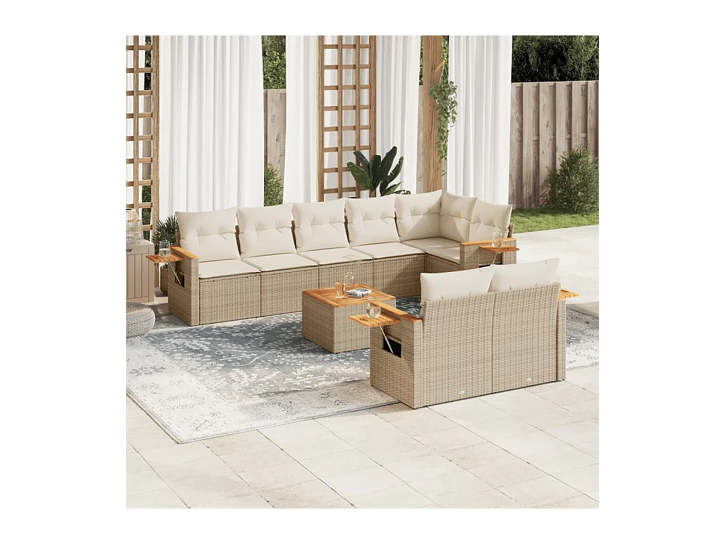 Salon de jardin avec coussins 9 pcs beige résine tressée
