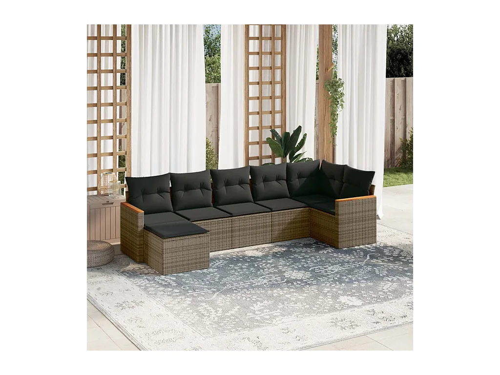 Salon de jardin avec coussins 7 pcs gris résine tressée
