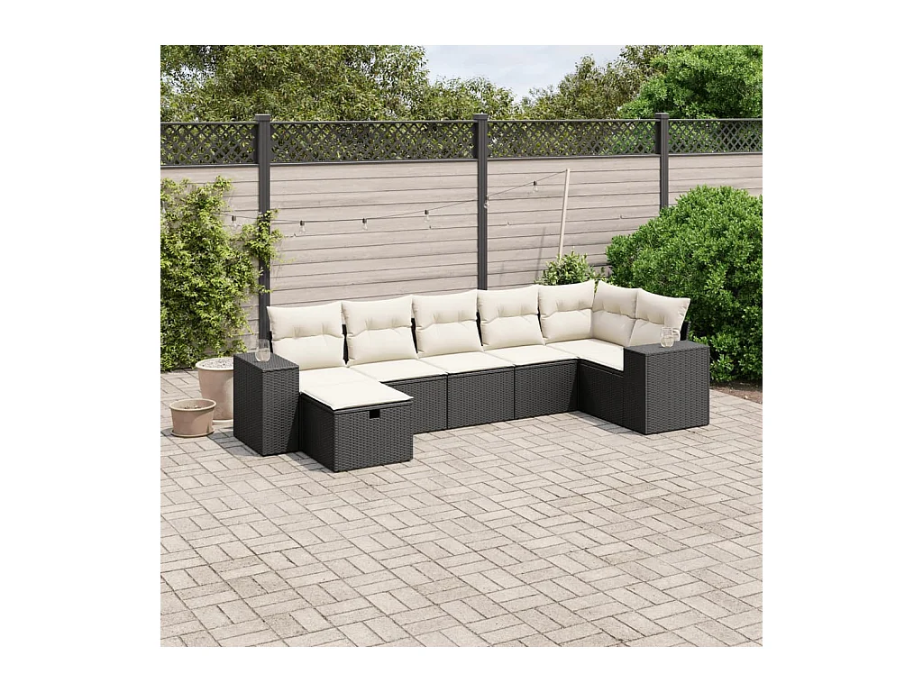 7-delige Loungeset met kussens poly rattan zwart