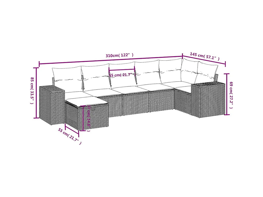 7-tlg. Garten-Sofagarnitur mit Kissen Schwarz Poly Rattan