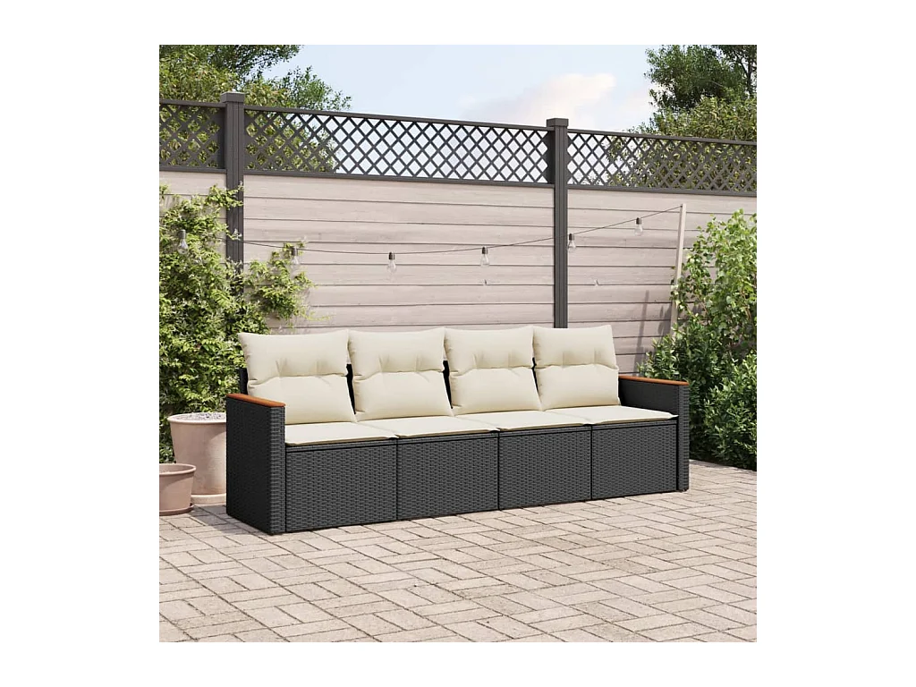 Salon de jardin 4 pcs avec coussins noir résine tressée