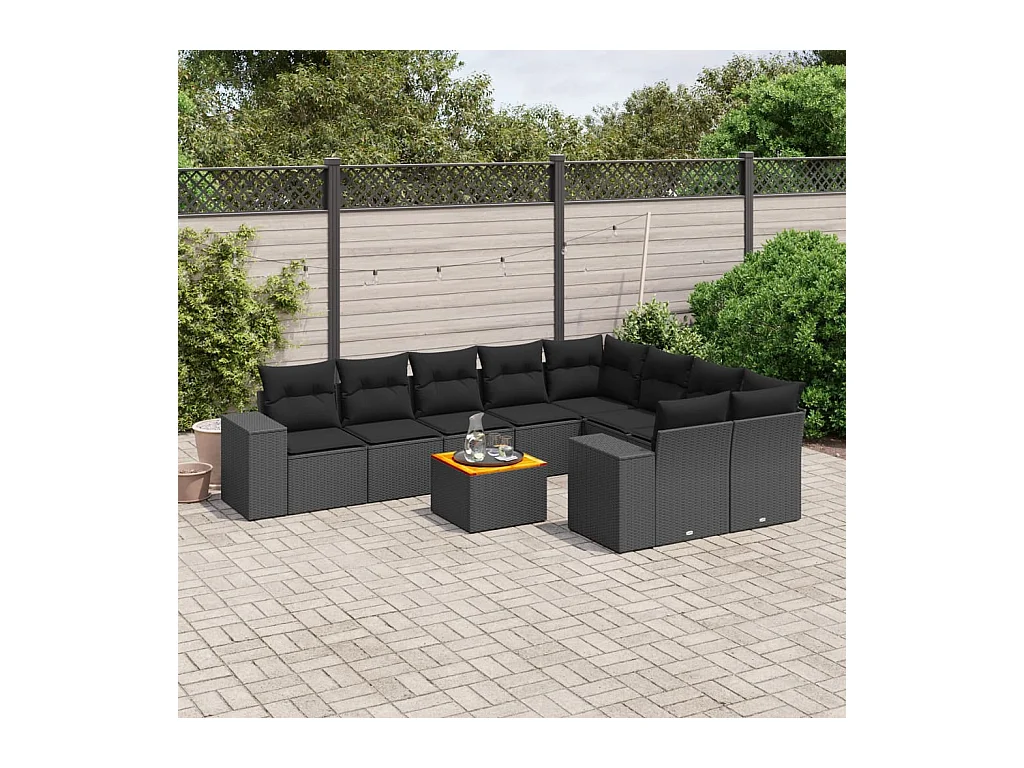 Set Divani da Giardino 10pz con Cuscini in Polyrattan Nero