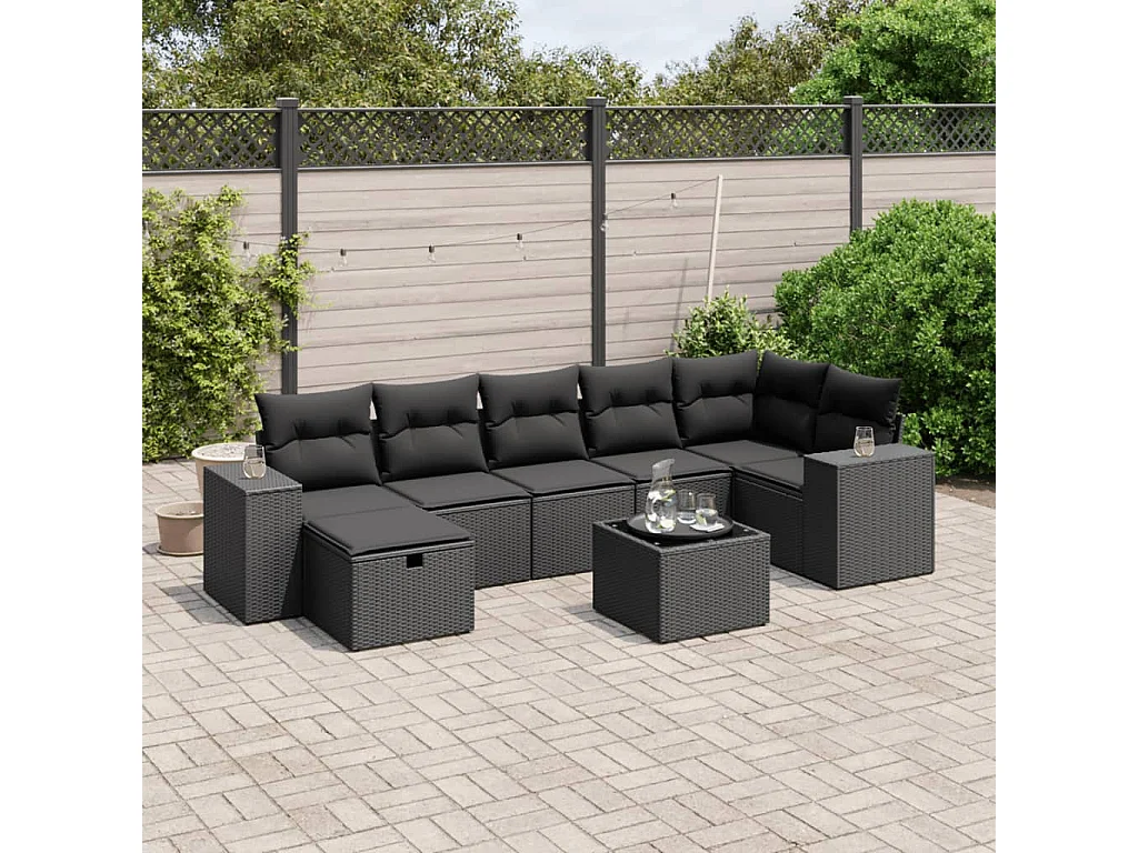Set Divani da Giardino con Cuscini 8 pz Nero in Polyrattan