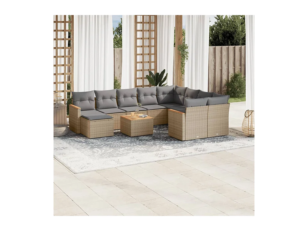 Salon de jardin et coussins 11 pcs mélange beige résine tressée
