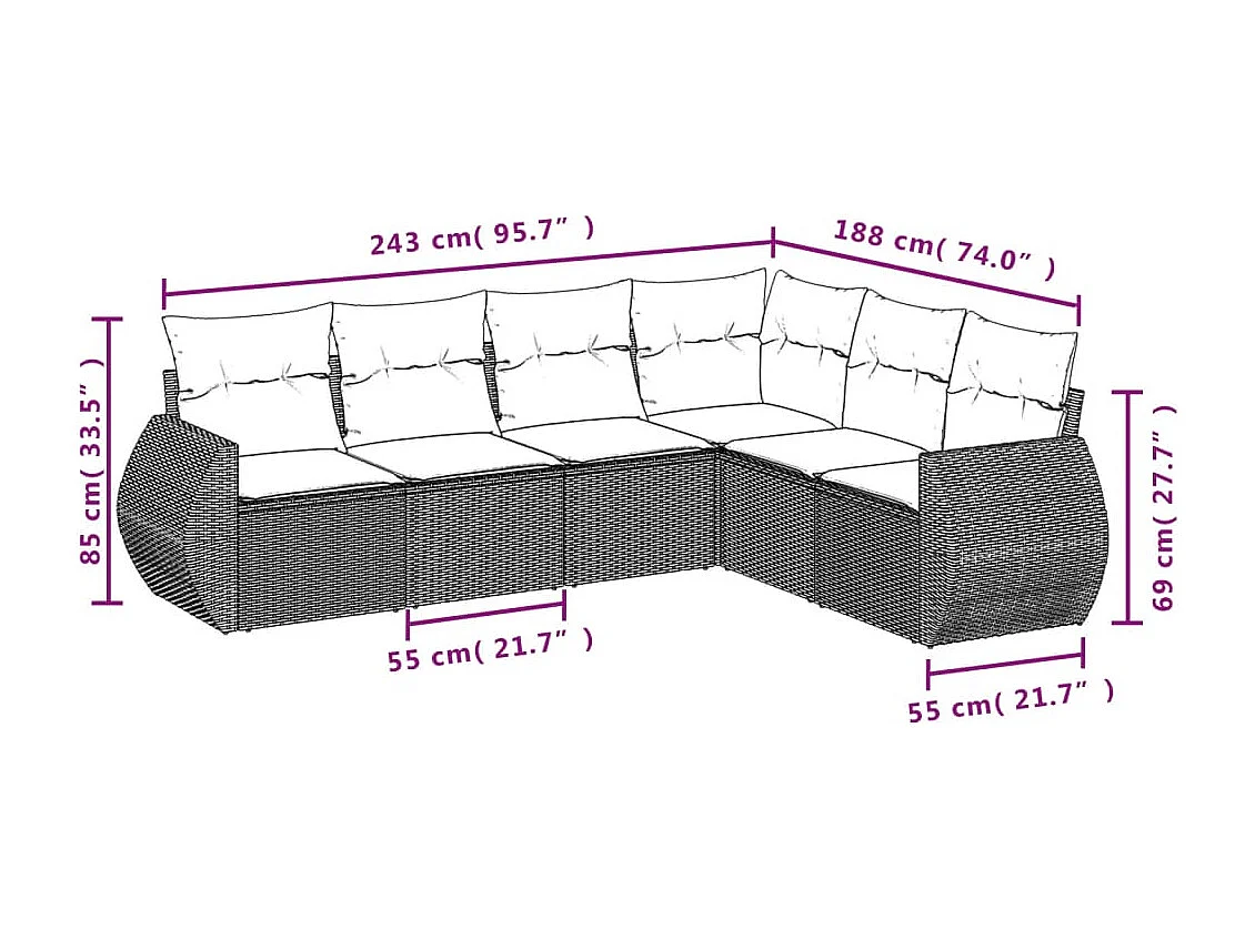 Set Divano da Giardino 6 pz con Cuscini Grigio in Polyrattan