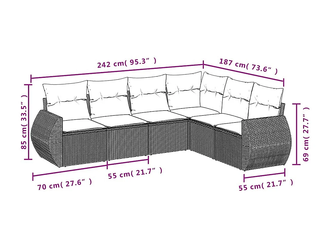 Salon de jardin 6 pcs avec coussins gris résine tressée