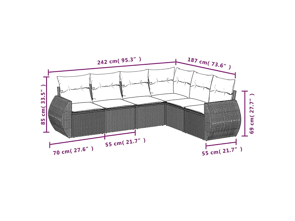 6-delige Loungeset met kussens poly rattan grijs