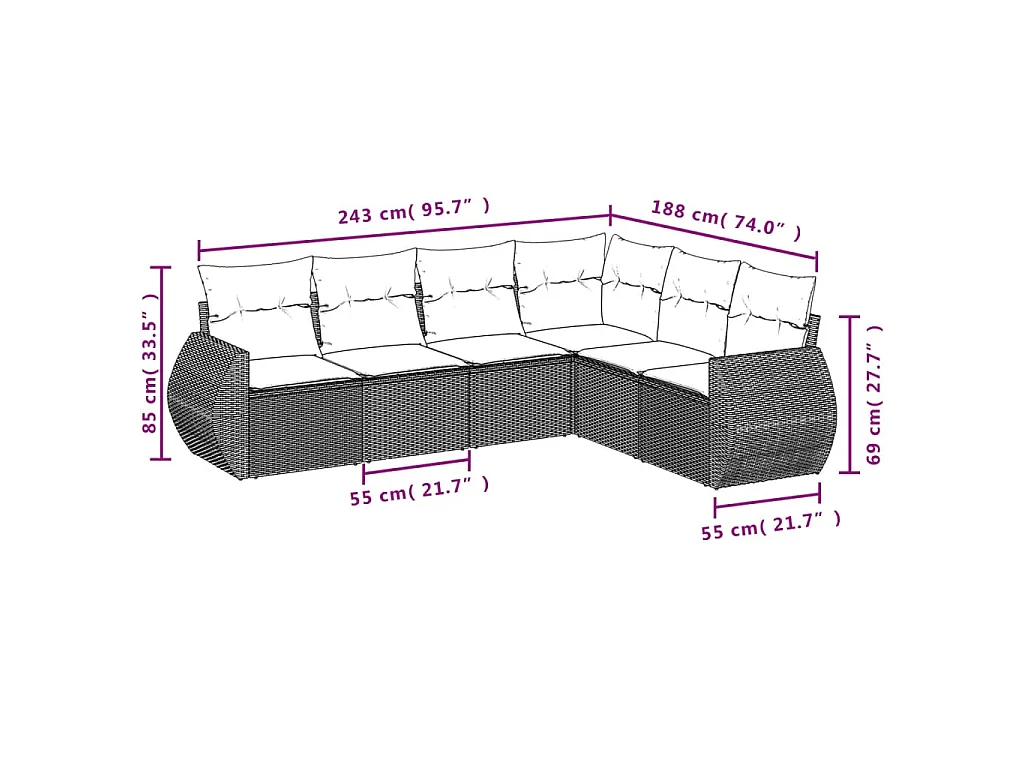6-delige Loungeset met kussens poly rattan grijs