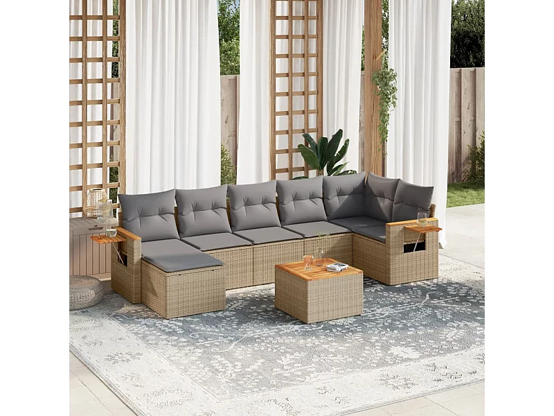 Set Divano da Giardino 8 pz con Cuscini Beige in Polyrattan