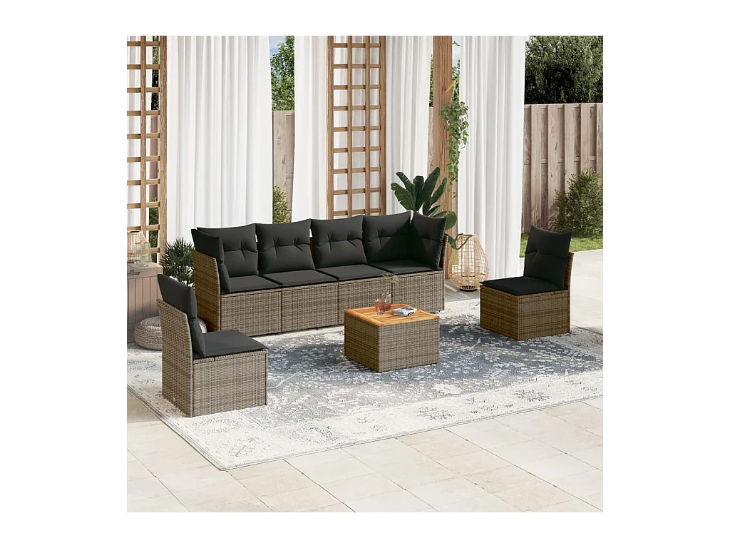 7-tlg. Garten-Sofagarnitur mit Kissen Grau Poly Rattan