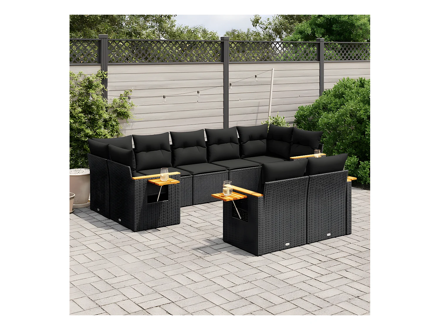 Salon de jardin 9 pcs avec coussins noir résine tressée