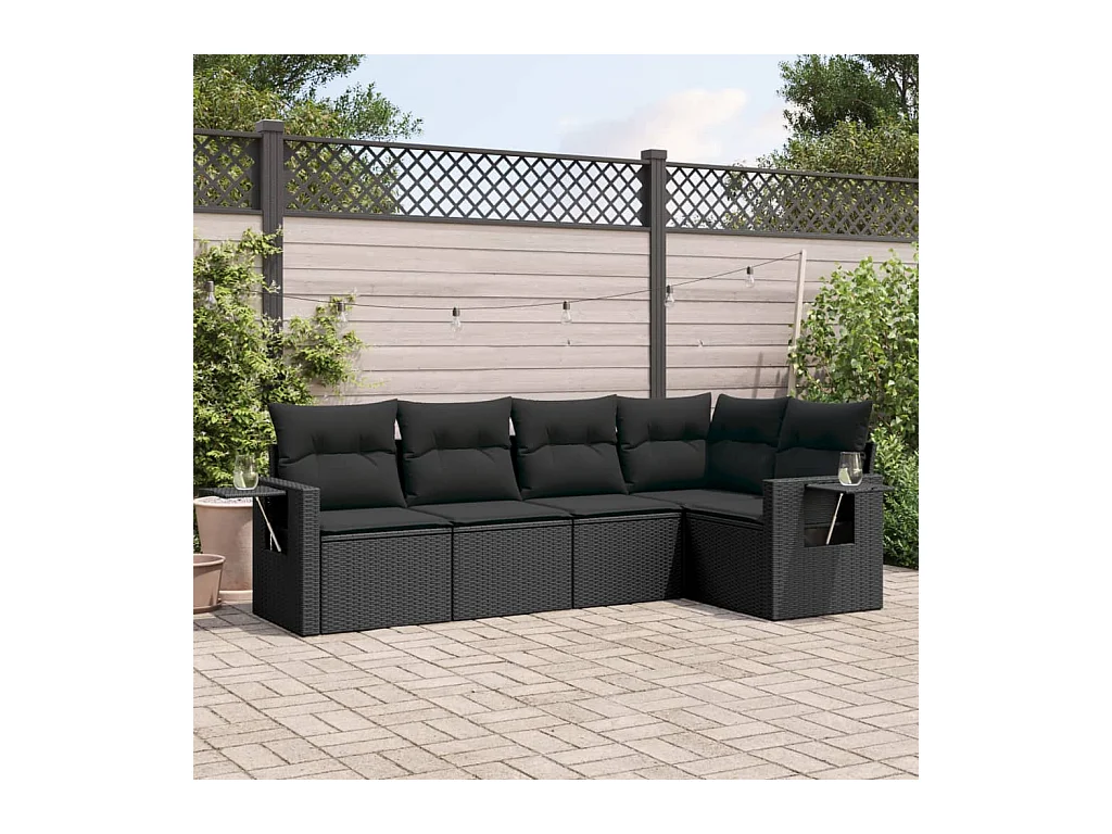 Salon de jardin 5 pcs avec coussins noir résine tressée