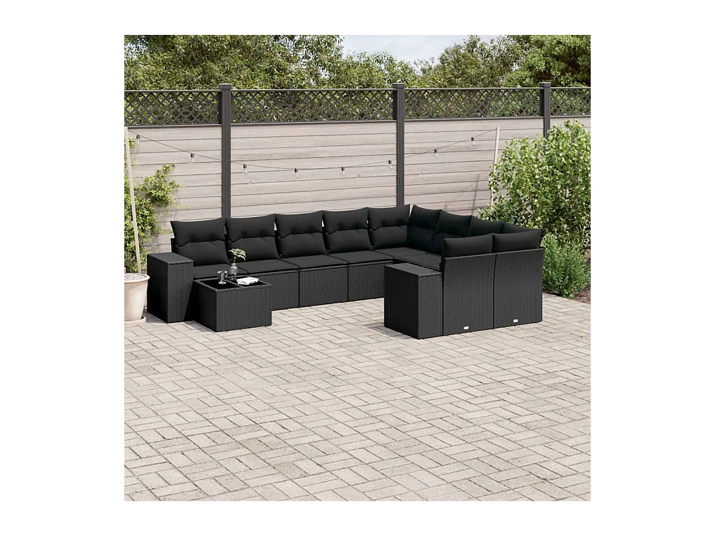 Set Divani da Giardino 10pz con Cuscini in Polyrattan Nero