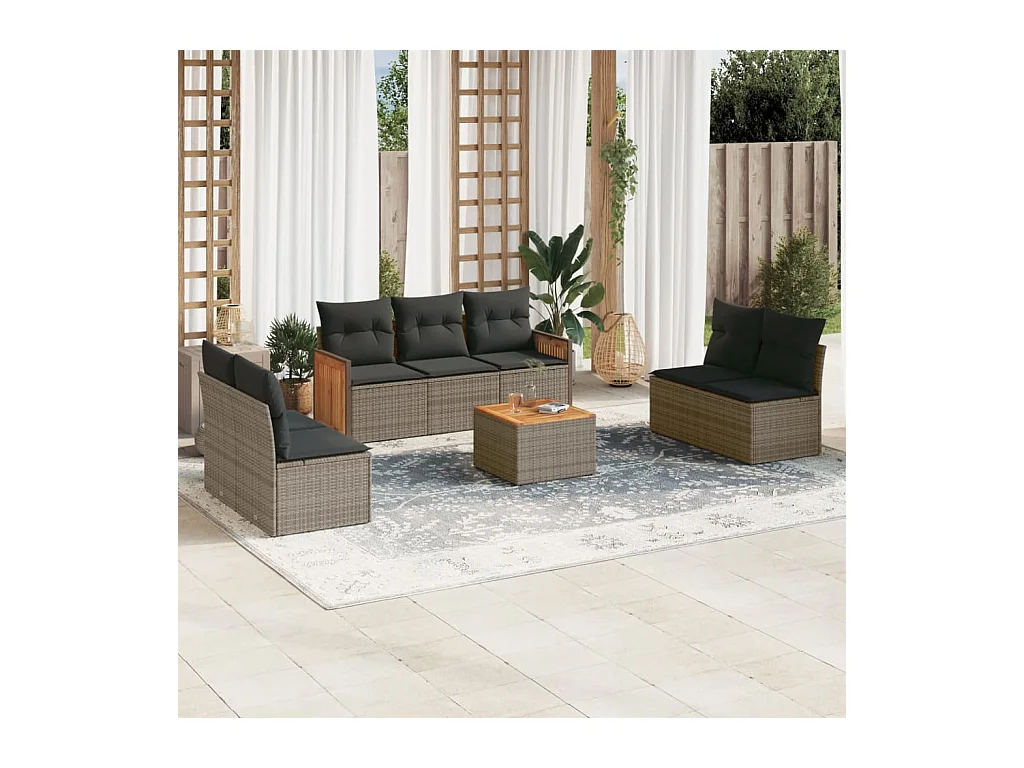 Salon de jardin 8 pcs avec coussins gris résine tressée