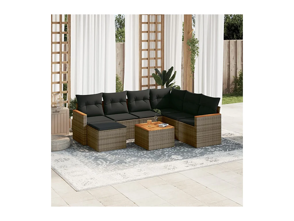 Salon de jardin 8 pcs avec coussins gris résine tressée