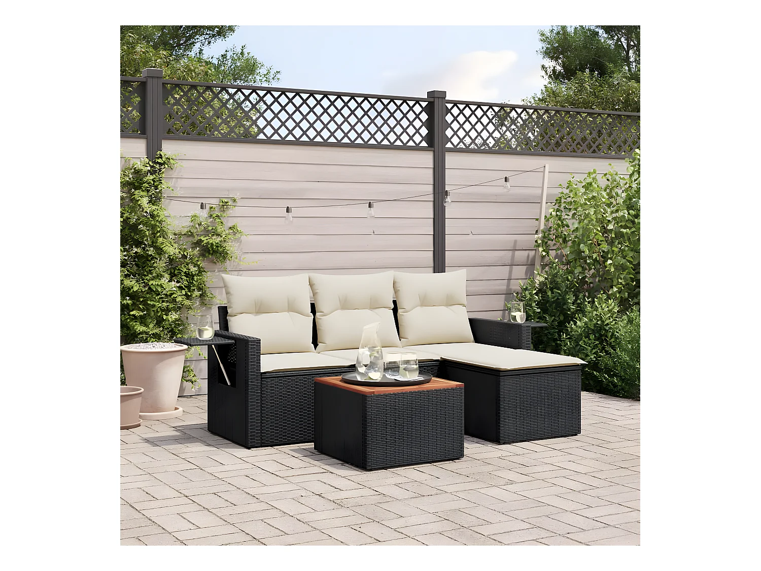 5-delige Loungeset met kussens poly rattan zwart