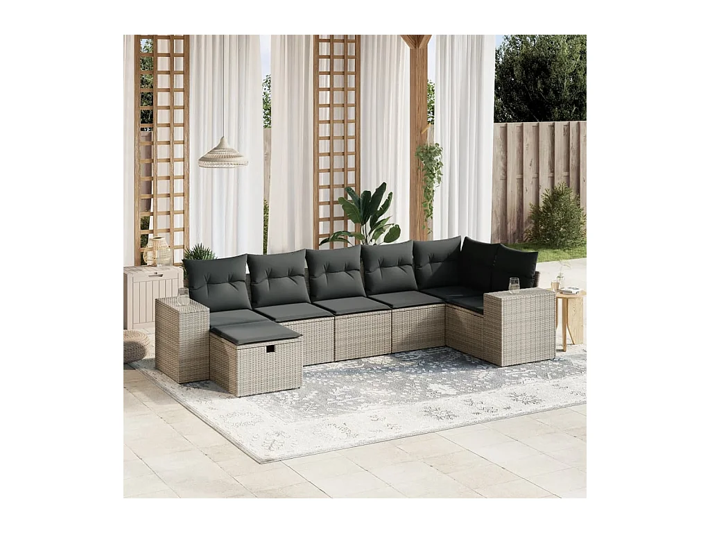 Salon de jardin avec coussins 7 pcs gris résine tressée