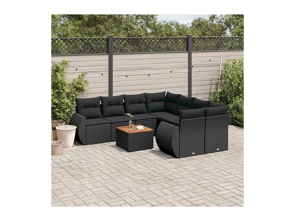 Salon de jardin 9 pcs avec coussins noir résine tressée