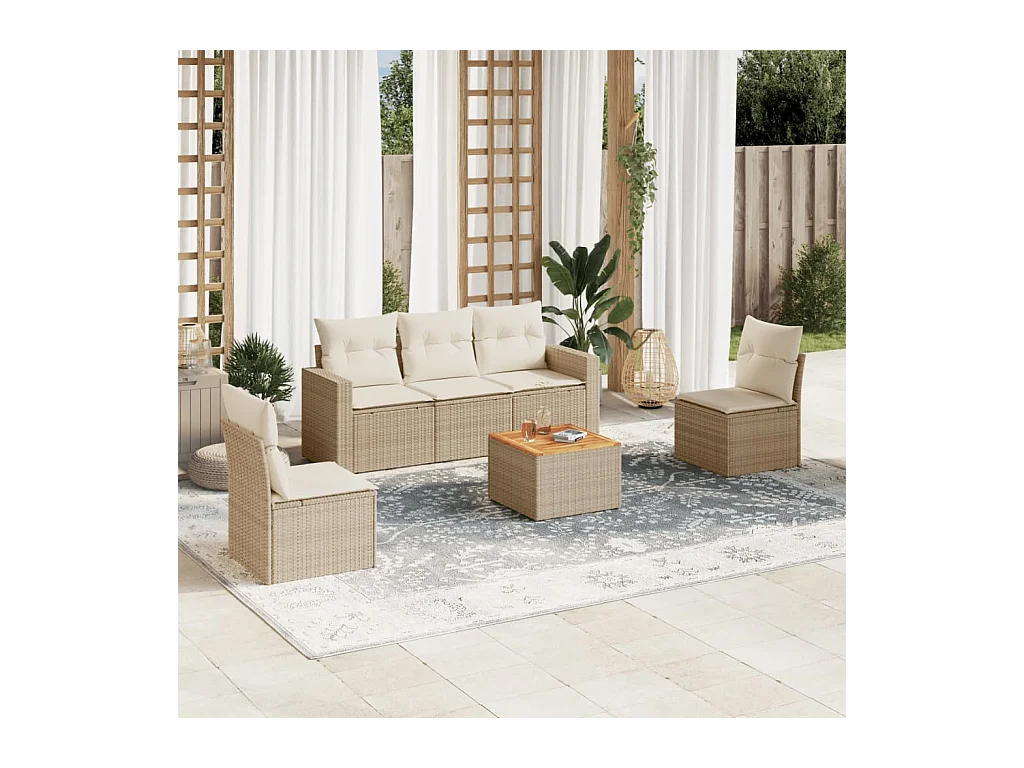 6-delige Loungeset met kussens poly rattan beige