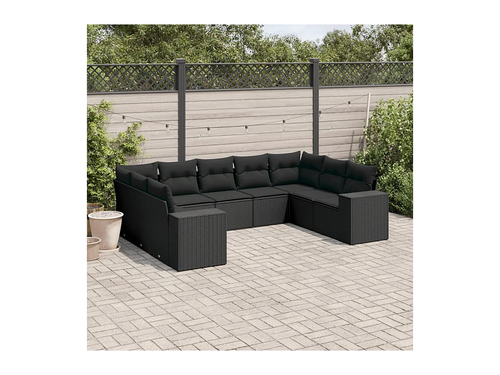 9-delige Loungeset met kussens poly rattan zwart