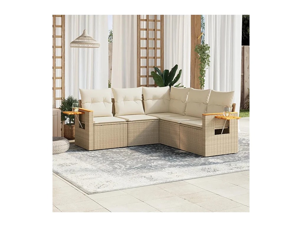 5 pcs conjunto de sofás p/ jardim com almofadões vime PE bege