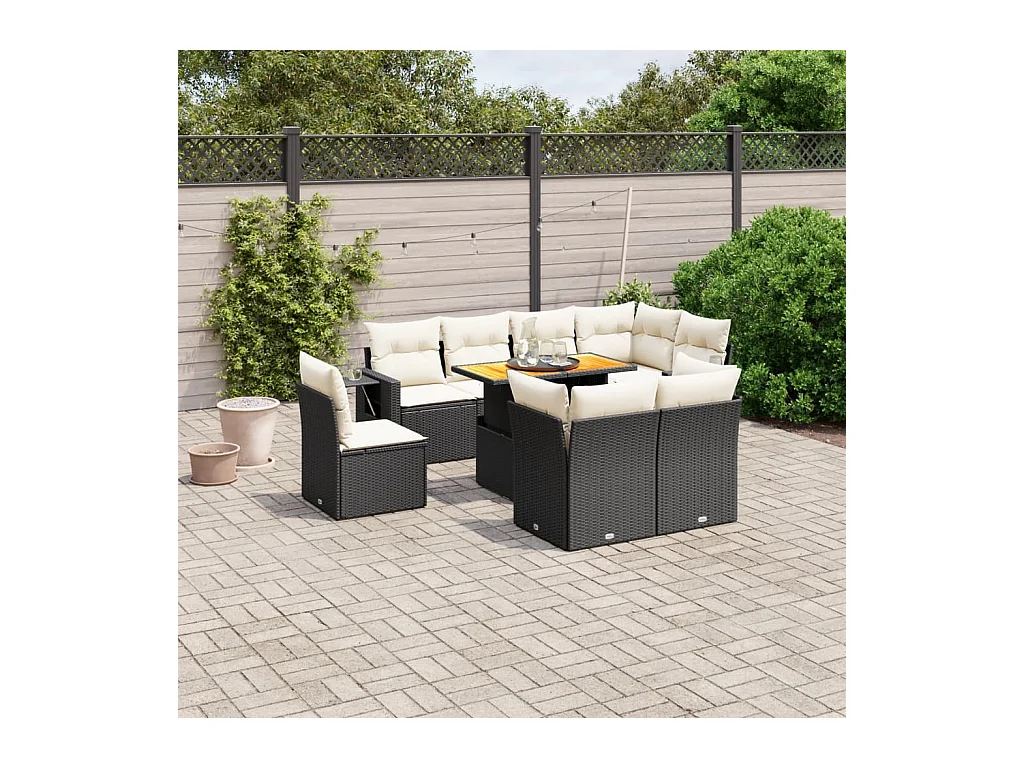 Set Divani da Giardino 9 pz con Cuscini Nero in Polyrattan