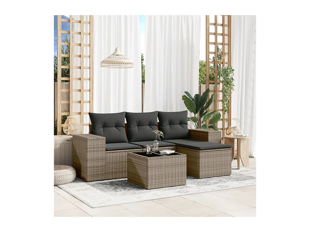 5-tlg. Garten-Sofagarnitur mit Kissen Grau Poly Rattan