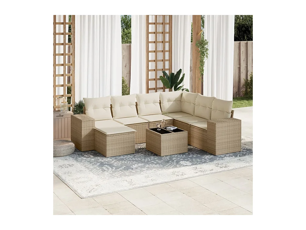 Salon de jardin avec coussins 8 pcs beige résine tressée