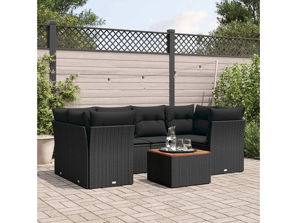 7-tlg. Garten-Sofagarnitur mit Kissen Schwarz Poly Rattan