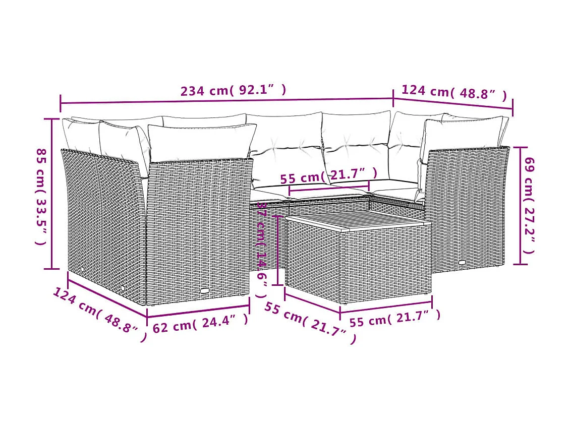7-tlg. Garten-Sofagarnitur mit Kissen Schwarz Poly Rattan