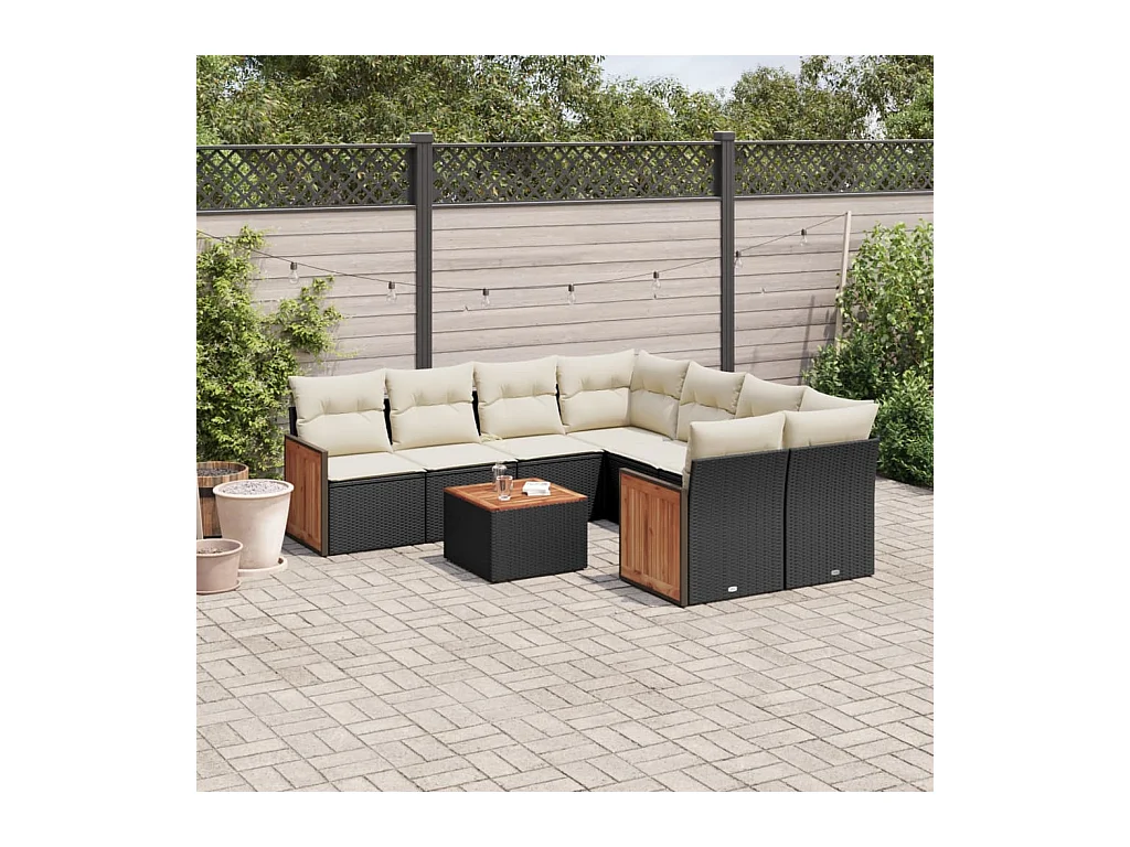 Salon de jardin 9 pcs avec coussins noir résine tressée