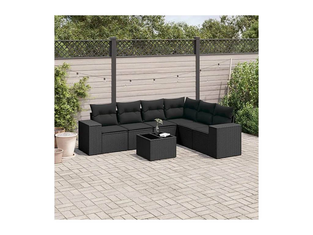 Salon de jardin 7 pcs avec coussins noir résine tressée
