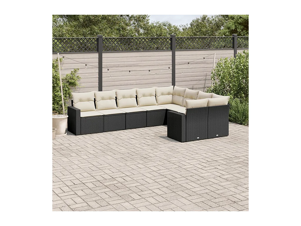 9-delige Loungeset met kussens poly rattan zwart