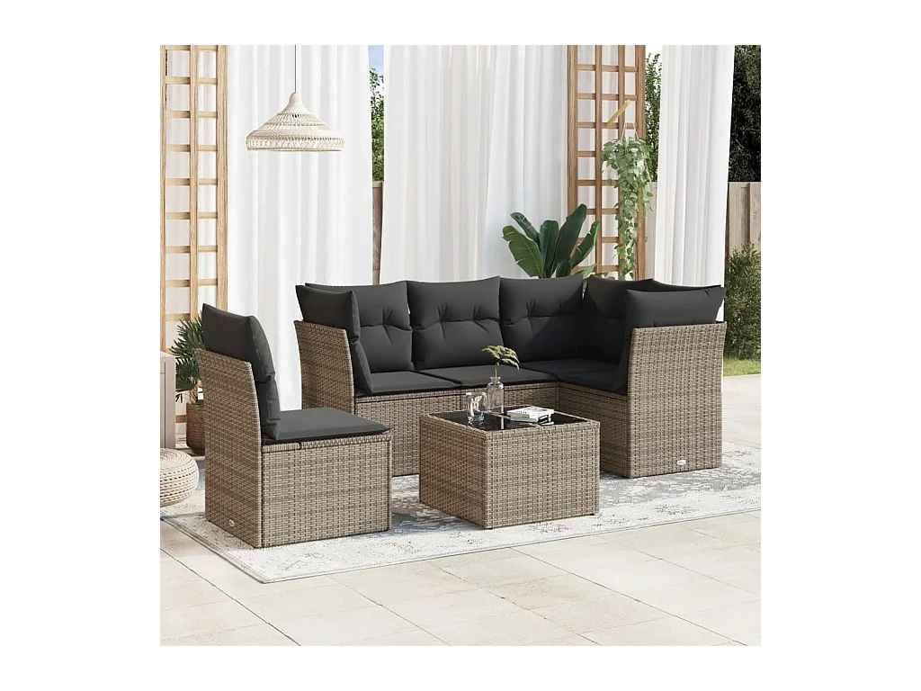 6-delige Loungeset met kussens poly rattan grijs