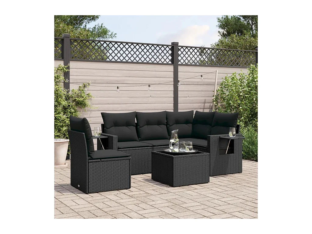 6-delige Loungeset met kussens poly rattan zwart