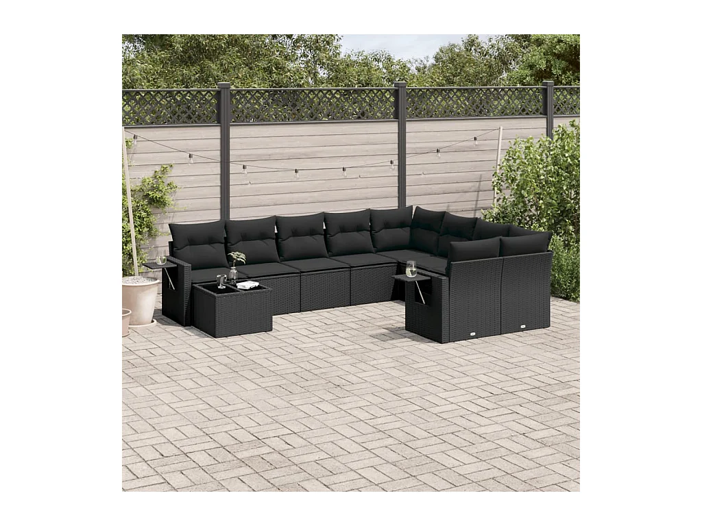 10-tlg. Garten-Sofagarnitur mit Kissen Schwarz Poly Rattan