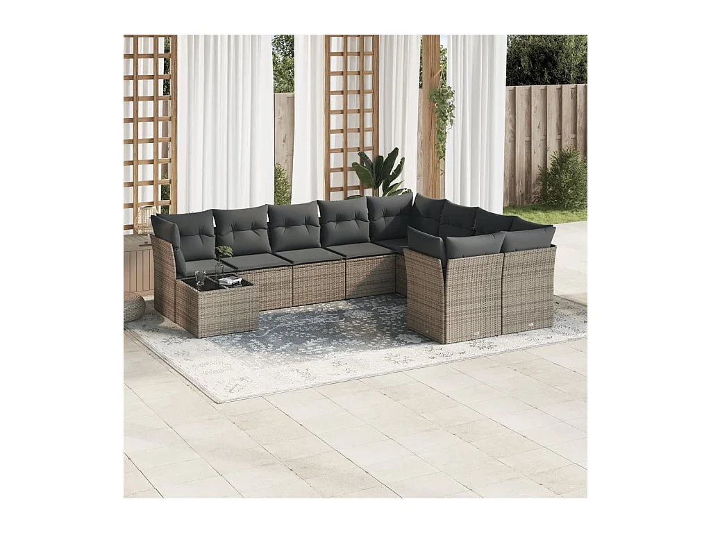 Salon de jardin avec coussins 10 pcs gris résine tressée