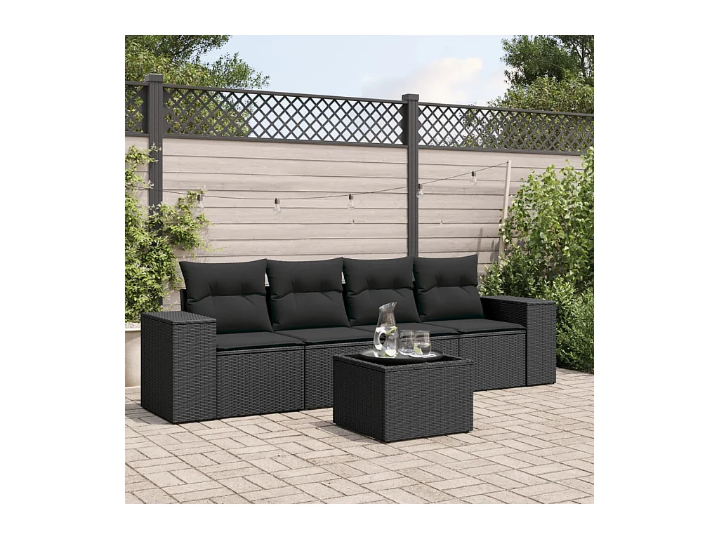 5-delige Loungeset met kussens poly rattan zwart