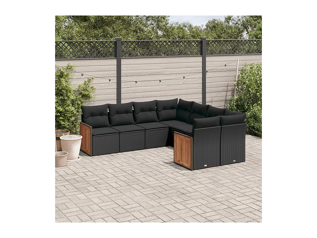 Salon de jardin 8 pcs avec coussins noir résine tressée